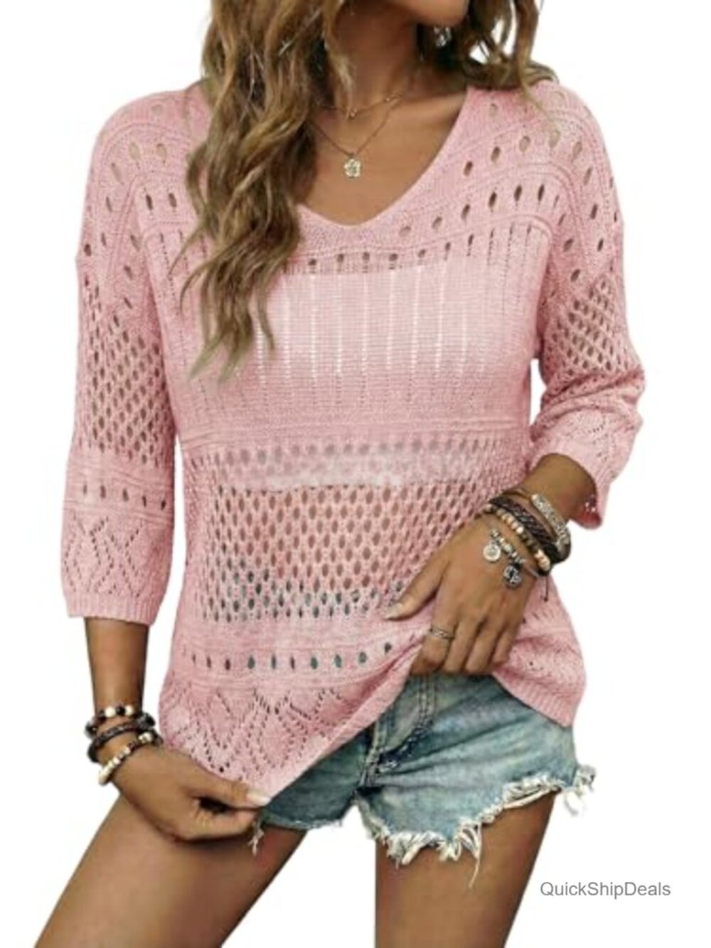 Crochet Hollow Out Knit Cover Up Pullover Sweater 3/4 Sleeve Beach